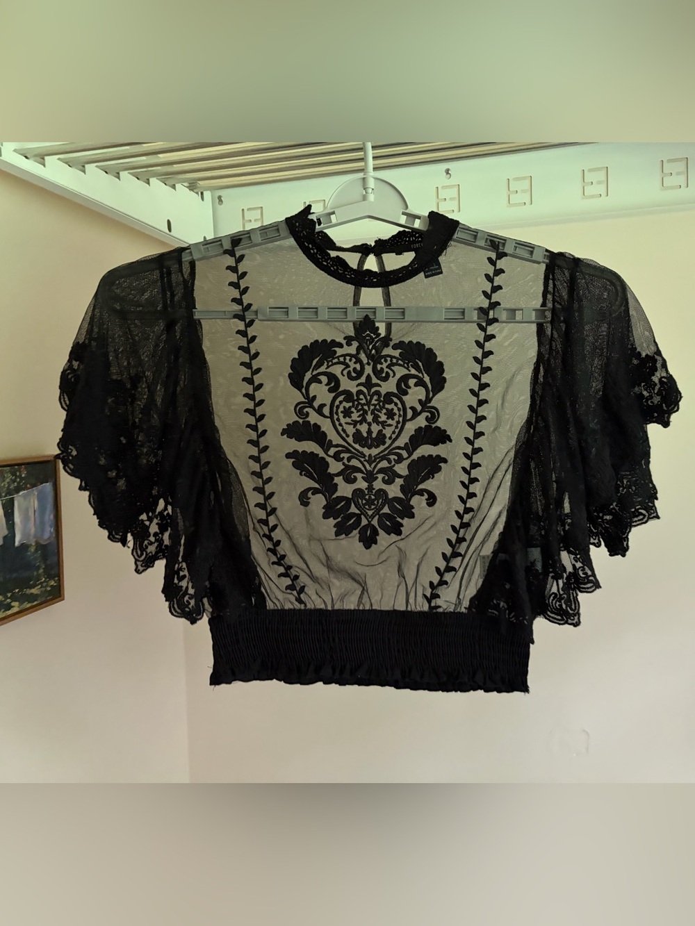 Forever 21 Sheer Black Mesh Damask Embroidered Crop - L
